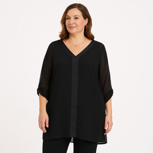 Michel Studio Sheer Black Tunic Blouse Size 14 Roll Tab Sleeves V-Neck Side Slit